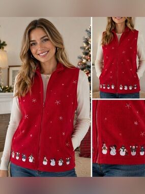 Christopher & Banks Red Christmas Snowman Fleece Vest Zip Up Holiday Winter